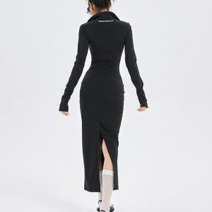 Chic Black Knitted Long-Sleeve Slit Dress for Y2K Fashion and Coquette Aesthetic