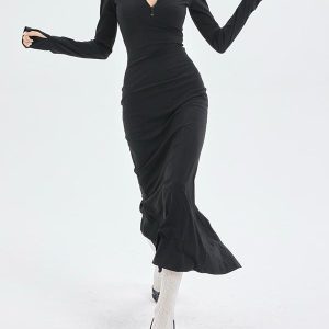 Chic Black Knitted Long-Sleeve Slit Dress for Y2K Fashion and Coquette Aesthetic