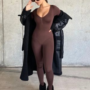 Chic Black Long Sleeve V-Neck Bodycon Jumpsuit - Stretchy One-Piece Fitness Romper