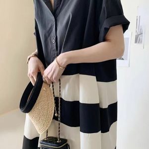 Chic Black & White Oversized Shirt Dress - Y2K Fashion Essential for Effortless Style