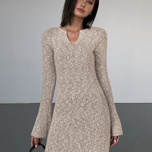 Chic Bodycon V-Neck Long Sleeve Mini Knit Dress for Y2K Aesthetic Fashion Lovers