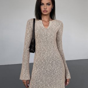 Chic Bodycon V-Neck Long Sleeve Mini Knit Dress for Y2K Aesthetic Fashion Lovers