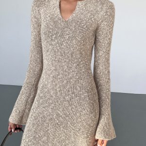 Chic Bodycon V-Neck Long Sleeve Mini Knit Dress for Y2K Aesthetic Fashion Lovers