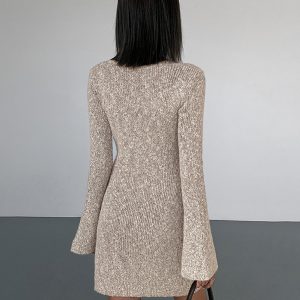 Chic Bodycon V-Neck Long Sleeve Mini Knit Dress for Y2K Aesthetic Fashion Lovers