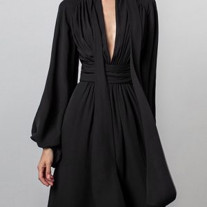 Chic Bow Puffy Sleeve Chiffon Midi Dress for Y2K Aesthetic and Coquette Style