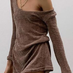 Chic Brown Off-Shoulder Mini Dress for Y2K Fashion Lovers and Coquette Aesthetic Enthusiasts