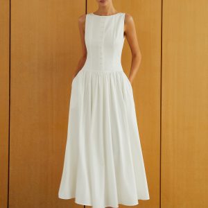 Chic Button-Front Sleeveless Dress with Pockets for Effortless Y2K Aesthetic Style