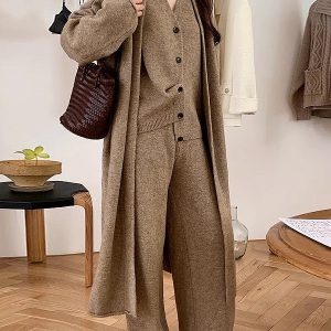 Chic Casual Knitted 3-Piece Set: Long Jacket, Vest, and Pants for Effortless Y2K Style