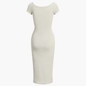 Chic Cold Shoulder Ribbed Midi Knit Dress for Y2K Aesthetic and Coquette Style