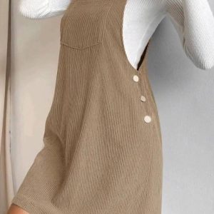 Chic Corduroy Button Strap Dress for Y2K Aesthetic and Coquette Style Outfits