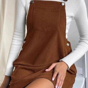 Chic Corduroy Button Strap Dress for Y2K Aesthetic and Coquette Style Outfits