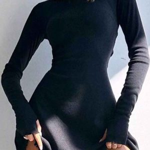 Chic Crew Neck Long Sleeve Mini Dress with Back Strap - Perfect for Y2K Aesthetic Looks