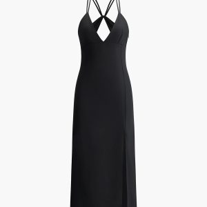 Chic Crisscross Backless V-Neck Midi Dress for Y2K Aesthetic and Coquette Style