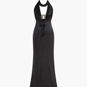 Chic Deep V-Neck Halter Satin Maxi Dress for Y2K Fashion & Coquette Aesthetic