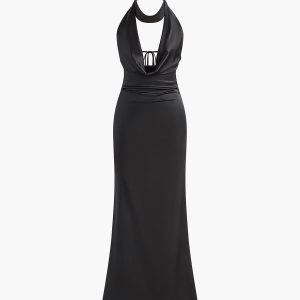 Chic Deep V-Neck Halter Satin Maxi Dress for Y2K Fashion & Coquette Aesthetic