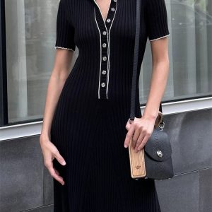 Chic Deep V Neck Maxi Dress for Women - 2023 Autumn Slim Fit Knitted Bodycon Streetwear