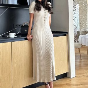 Chic Deep V Neck Maxi Dress for Women - 2023 Autumn Slim Fit Knitted Bodycon Streetwear