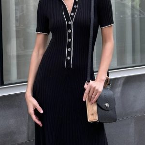 Chic Deep V Neck Maxi Dress for Women - 2023 Autumn Slim Fit Knitted Bodycon Streetwear