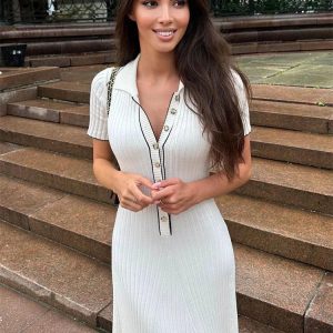 Chic Deep V Neck Maxi Dress for Women - 2023 Autumn Slim Fit Knitted Bodycon Streetwear