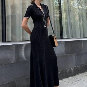 Chic Deep V Neck Maxi Dress for Women - 2023 Autumn Slim Fit Knitted Bodycon Streetwear