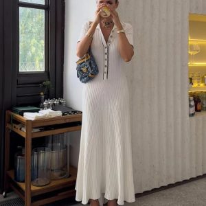 Chic Deep V Neck Maxi Dress for Women - 2023 Autumn Slim Fit Knitted Bodycon Streetwear