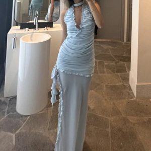 Chic Deep V Neck Mesh Splice Maxi Dress with Side Slit - Elegant Evening Dress for Women