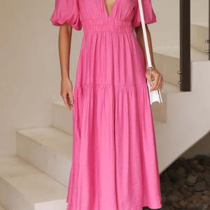 Chic Deep V Neck Puff Sleeve Tiered Dress for Y2K Fashion & Coquette Aesthetic Lovers