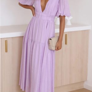 Chic Deep V Neck Puff Sleeve Tiered Dress for Y2K Fashion & Coquette Aesthetic Lovers