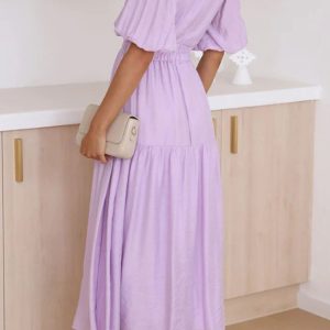 Chic Deep V Neck Puff Sleeve Tiered Dress for Y2K Fashion & Coquette Aesthetic Lovers