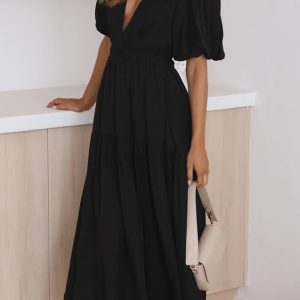 Chic Deep V Neck Puff Sleeve Tiered Dress for Y2K Fashion & Coquette Aesthetic Lovers