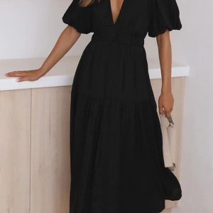 Chic Deep V Neck Puff Sleeve Tiered Dress for Y2K Fashion & Coquette Aesthetic Lovers