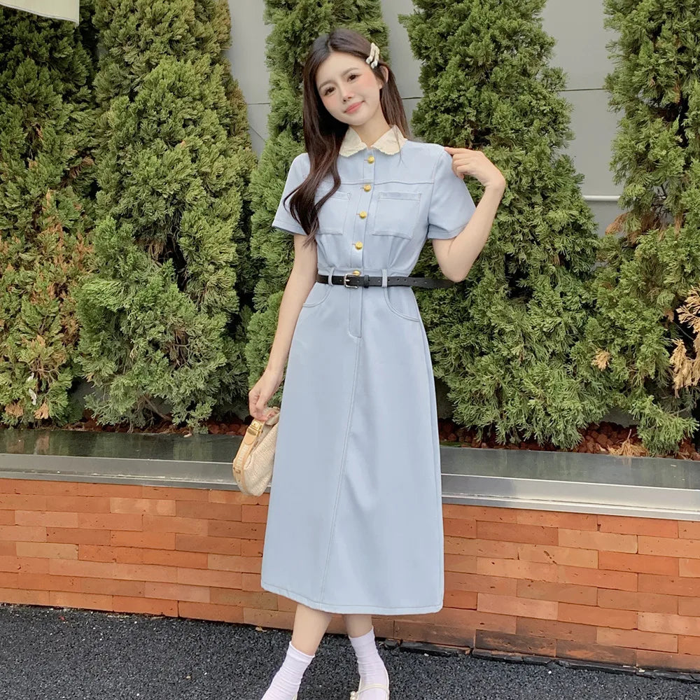 Chic Doll Collar Midi Dress for Women 2024 - Short Sleeve Summer Fashion, Elegant Style