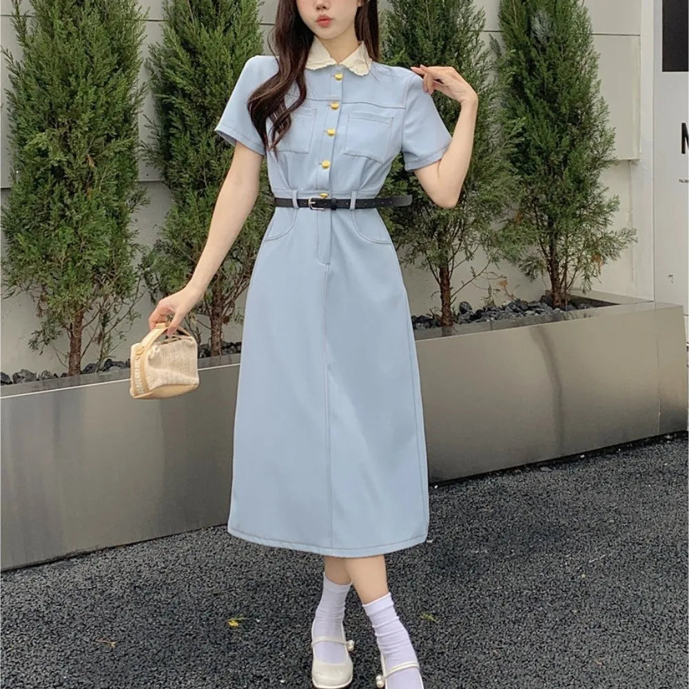 Chic Doll Collar Midi Dress for Women 2024 - Short Sleeve Summer Fashion, Elegant Style