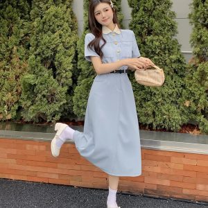 Chic Doll Collar Midi Dress for Women 2024 - Short Sleeve Summer Fashion, Elegant Style