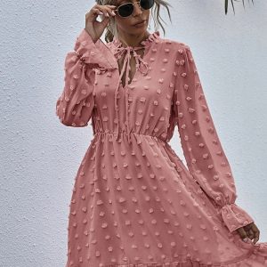 Chic Dot Chiffon Dress with Bow, Long Sleeve V-Neck Summer Party Dress for Women