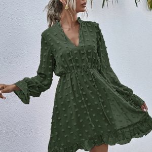 Chic Dot Chiffon Dress with Bow, Long Sleeve V-Neck Summer Party Dress for Women