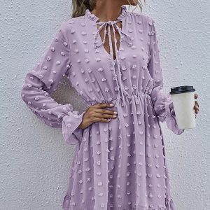 Chic Dot Chiffon Dress with Bow, Long Sleeve V-Neck Summer Party Dress for Women