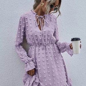 Chic Dot Chiffon Dress with Bow, Long Sleeve V-Neck Summer Party Dress for Women