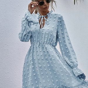 Chic Dot Chiffon Dress with Bow, Long Sleeve V-Neck Summer Party Dress for Women