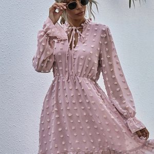 Chic Dot Chiffon Dress with Bow, Long Sleeve V-Neck Summer Party Dress for Women