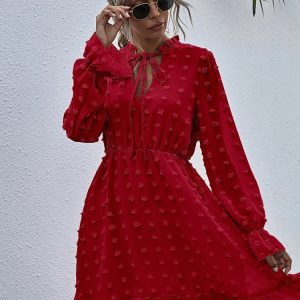 Chic Dot Chiffon Dress with Bow, Long Sleeve V-Neck Summer Party Dress for Women