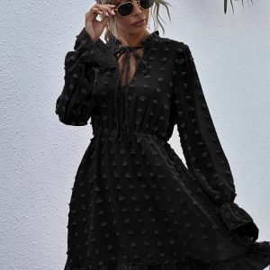 Chic Dot Chiffon Dress with Bow, Long Sleeve V-Neck Summer Party Dress for Women