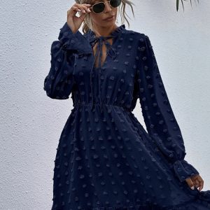 Chic Dot Chiffon Dress with Bow, Long Sleeve V-Neck Summer Party Dress for Women