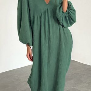 Chic Double Crepe V Neck Puff Sleeve Dress for Effortless Y2K Aesthetic Style