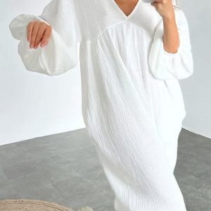 Chic Double Crepe V Neck Puff Sleeve Dress for Effortless Y2K Aesthetic Style