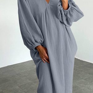 Chic Double Crepe V Neck Puff Sleeve Dress for Effortless Y2K Aesthetic Style