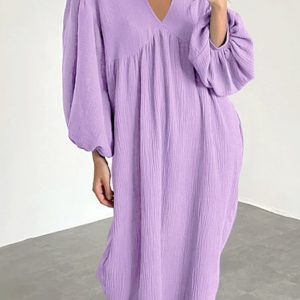 Chic Double Crepe V Neck Puff Sleeve Dress for Effortless Y2K Aesthetic Style