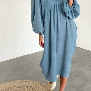 Chic Double Crepe V Neck Puff Sleeve Dress for Effortless Y2K Aesthetic Style