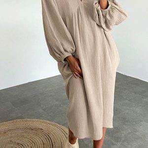 Chic Double Crepe V Neck Puff Sleeve Dress for Effortless Y2K Aesthetic Style