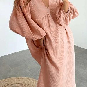 Chic Double Crepe V Neck Puff Sleeve Dress for Effortless Y2K Aesthetic Style